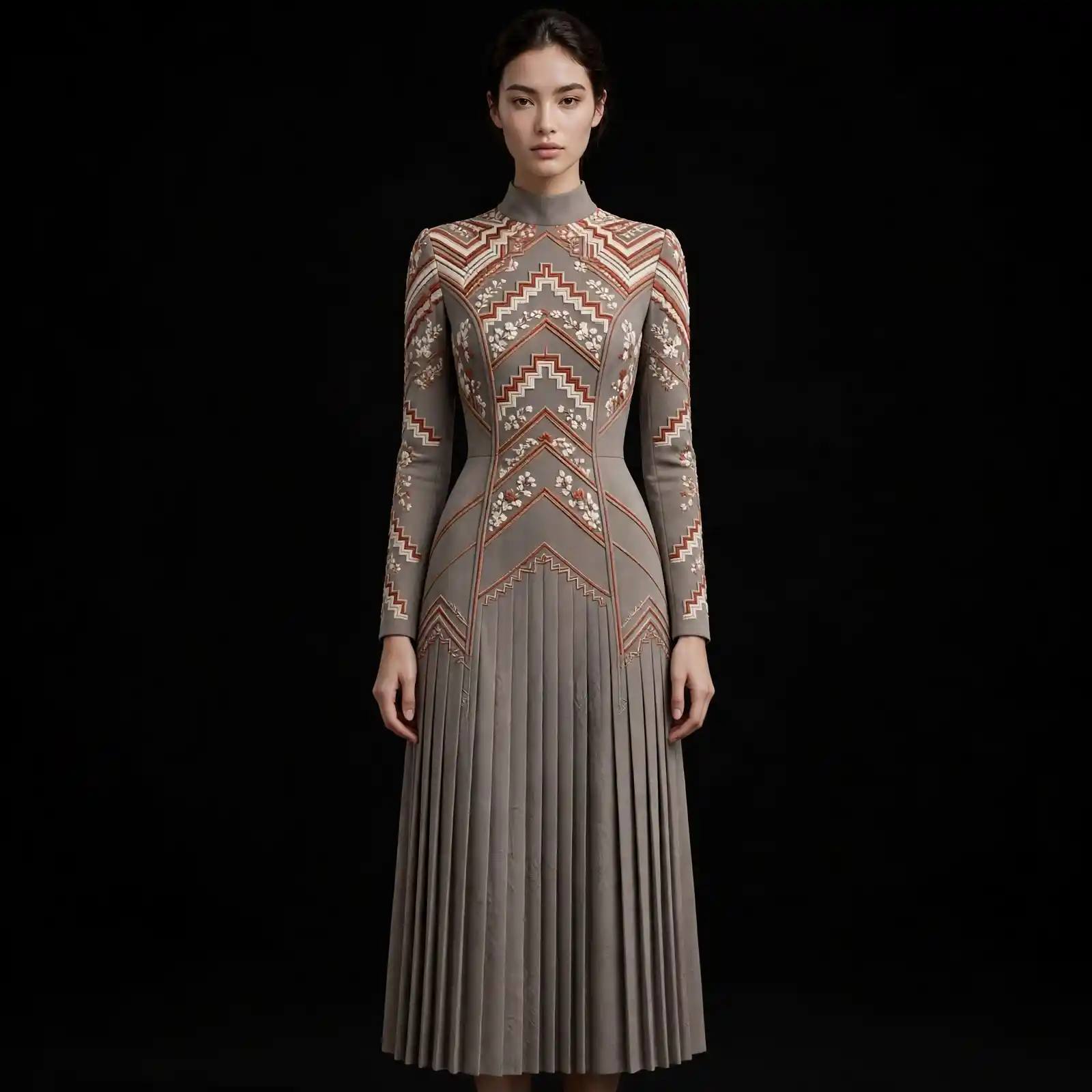 ExpensiveE Taupe Grey Terracotta White Floral Zigzag Mountain Pleated High Neck Dress
