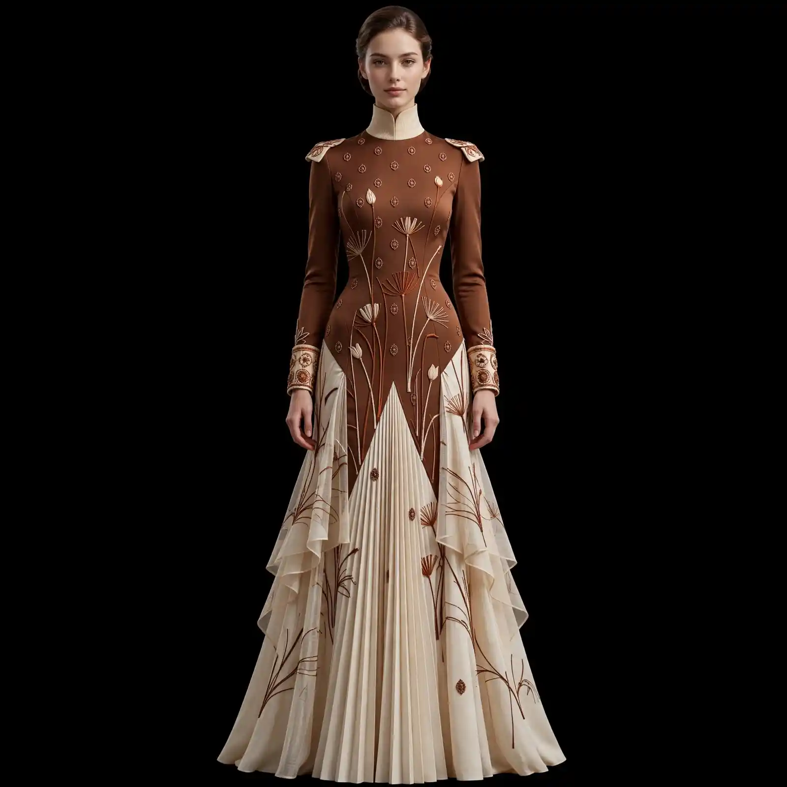 ExpensiveE Chocolate Brown Ivory Dandelion Polka Dot Ruffle Pleated Maxi Dress