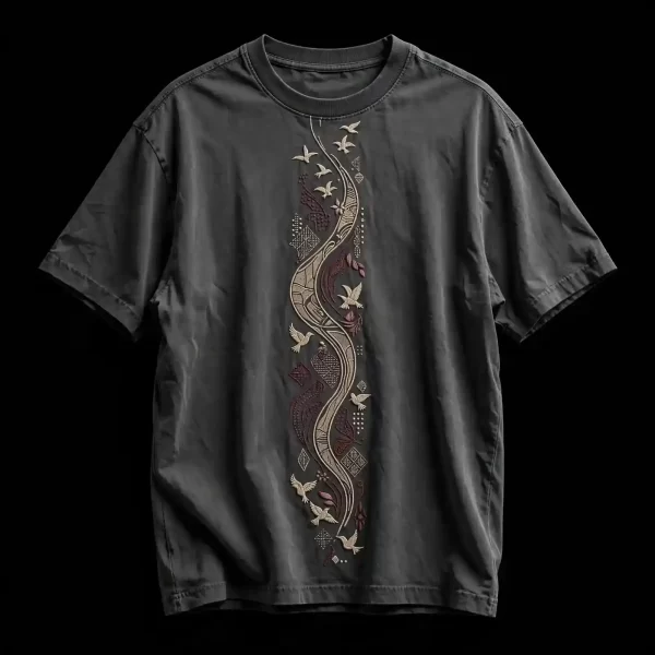 mens graphite grey bird river totem wavy river birds flight vertical embroidered tshirt