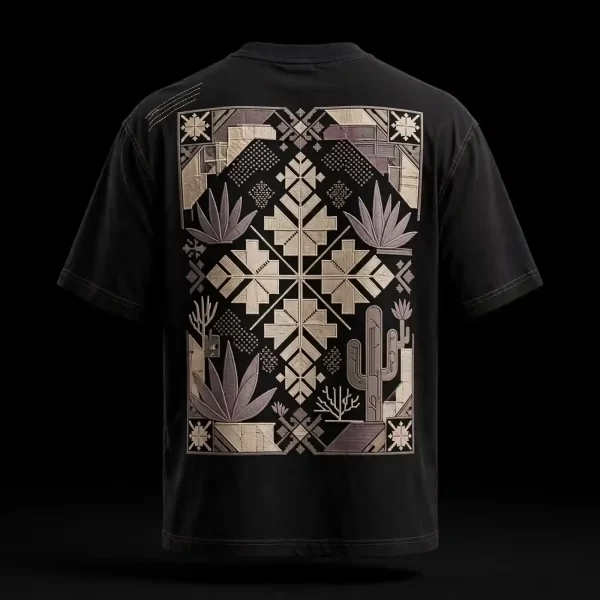 DESERT ZELIGE CACTUS TAPESTRY TEE - Black Moroccan Tile Agave Embroidered Back T-Shirt - Buy washed black Embroidered T-Shirt Men Online