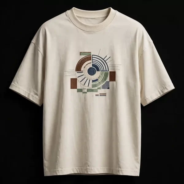 BAUHAUS SUNBURST GEOMETRIC TEE - Cream Abstract Sun Circle Embroidered T-Shirt - Buy cream off-white Embroidered T-Shirt Men Online