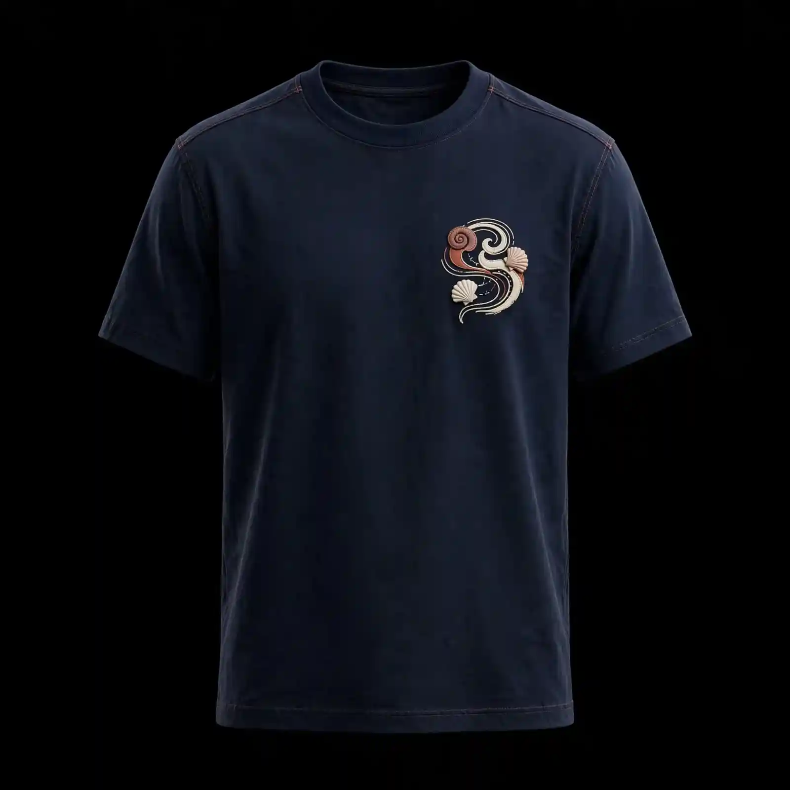 NAVY SHELL SWIRL TRIBAL EMBROIDERED TEE - Ammonite Shell Wave Chest Emblem T-Shirt - Buy midnight navy Embroidered T-Shirt Men Online
