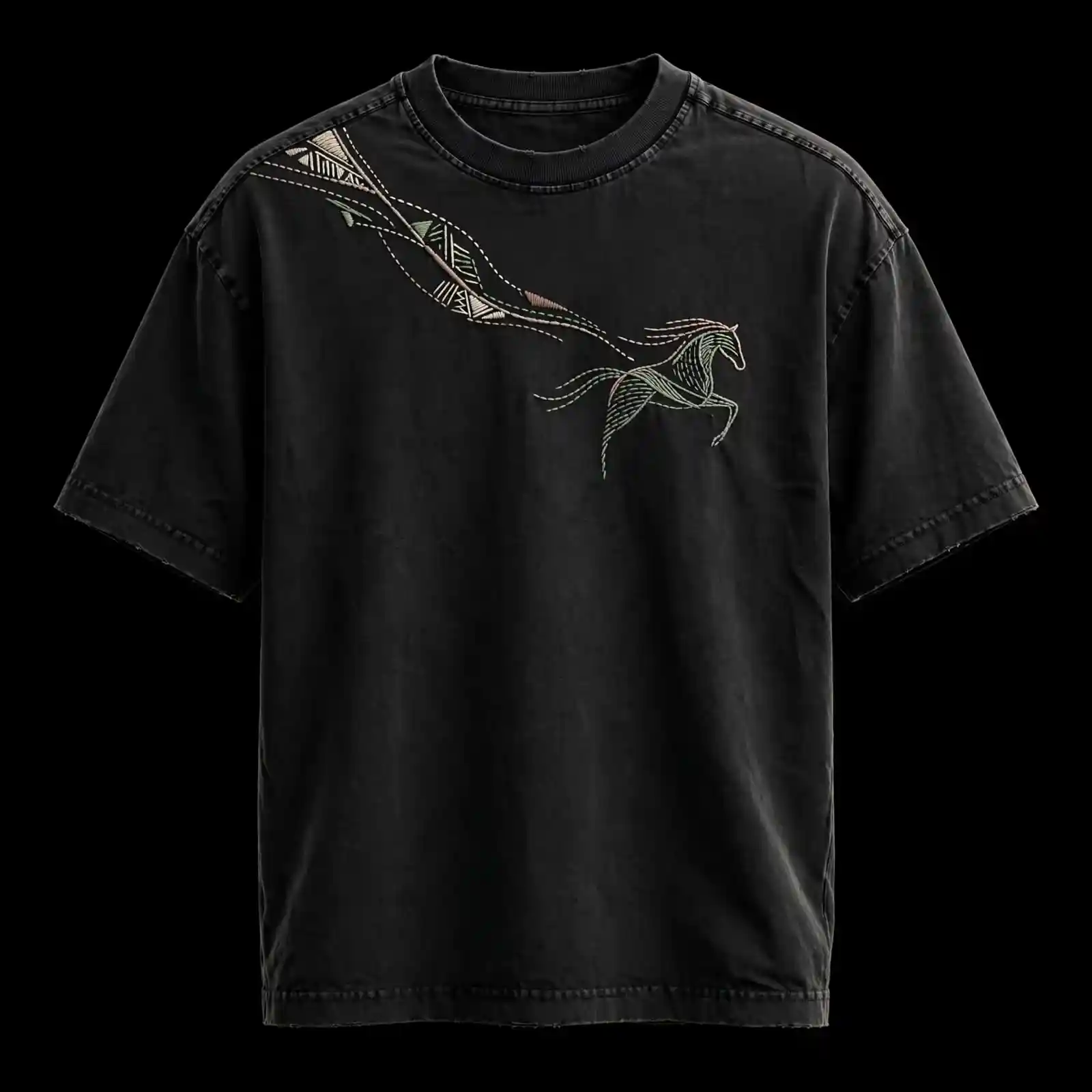 WASHED BLACK GALLOPING HORSE EMBROIDERED TEE - Line Art Horse With Tribal Feather Tail - Buy washed black Embroidered T-Shirt Men Online