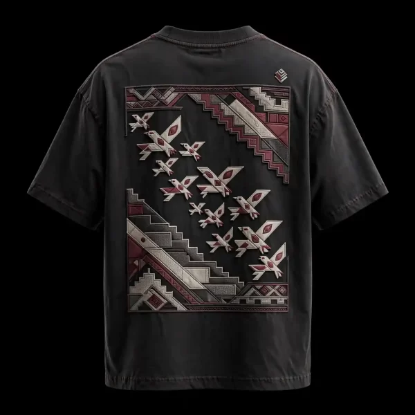 BLACK ORIGAMI BIRDS AZTEC APPLIQUE BACK TEE - 3D Geometric Bird Flock Patchwork T-Shirt - Buy washed black Embroidered T-Shirt Men Online