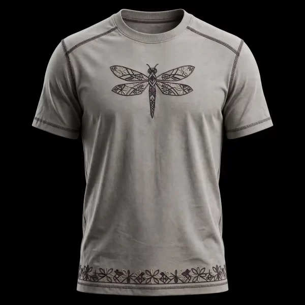 mens stone grey dragonfly filigree embroidered tshirt hem border botanical tee