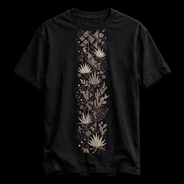 DESERT AGAVE VERTICAL EMBROIDERED TEE - Black Long Cactus Agave Botanical Stripe - Buy jet black Embroidered T-Shirt Men Online
