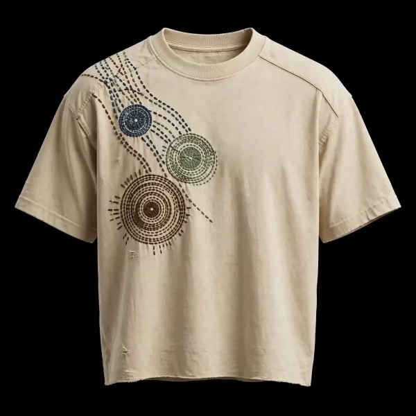 TRIPLE SUN DOT SASHIKO EMBROIDERED TEE - Beige Beaded Sunburst Circles T-Shirt - Buy sand beige Embroidered T-Shirt Men Online
