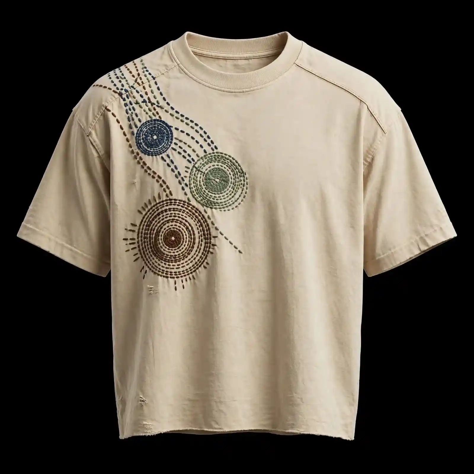 TRIPLE SUN DOT SASHIKO EMBROIDERED TEE - Beige Beaded Sunburst Circles T-Shirt - Buy sand beige Embroidered T-Shirt Men Online