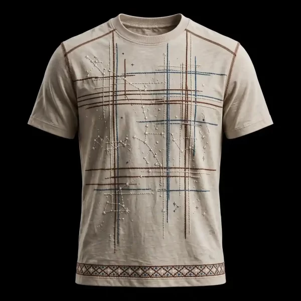 CONSTELLATION GRID MAP EMBROIDERED TEE - Beige Star Map Line Art Tribal Border T-Shirt - Buy taupe sand Embroidered T-Shirt Men Online