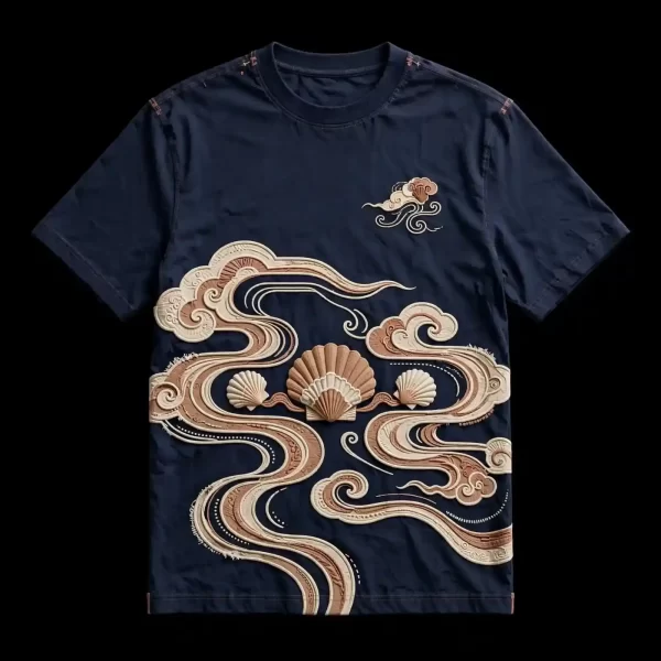 mens navy wave shell cloud rope embroidered tshirt japanese wave tee