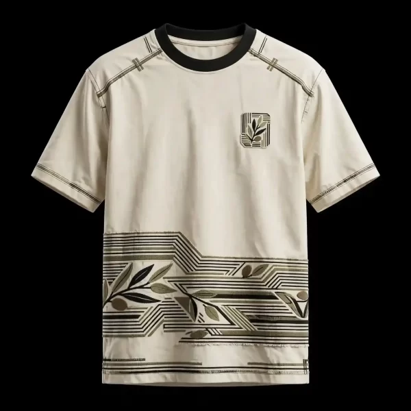OLIVE BRANCH BAUHAUS STRIPE TEE - Cream Geometric Line Olive Branch Hem T-Shirt - Buy cream off-white Embroidered T-Shirt Men Online