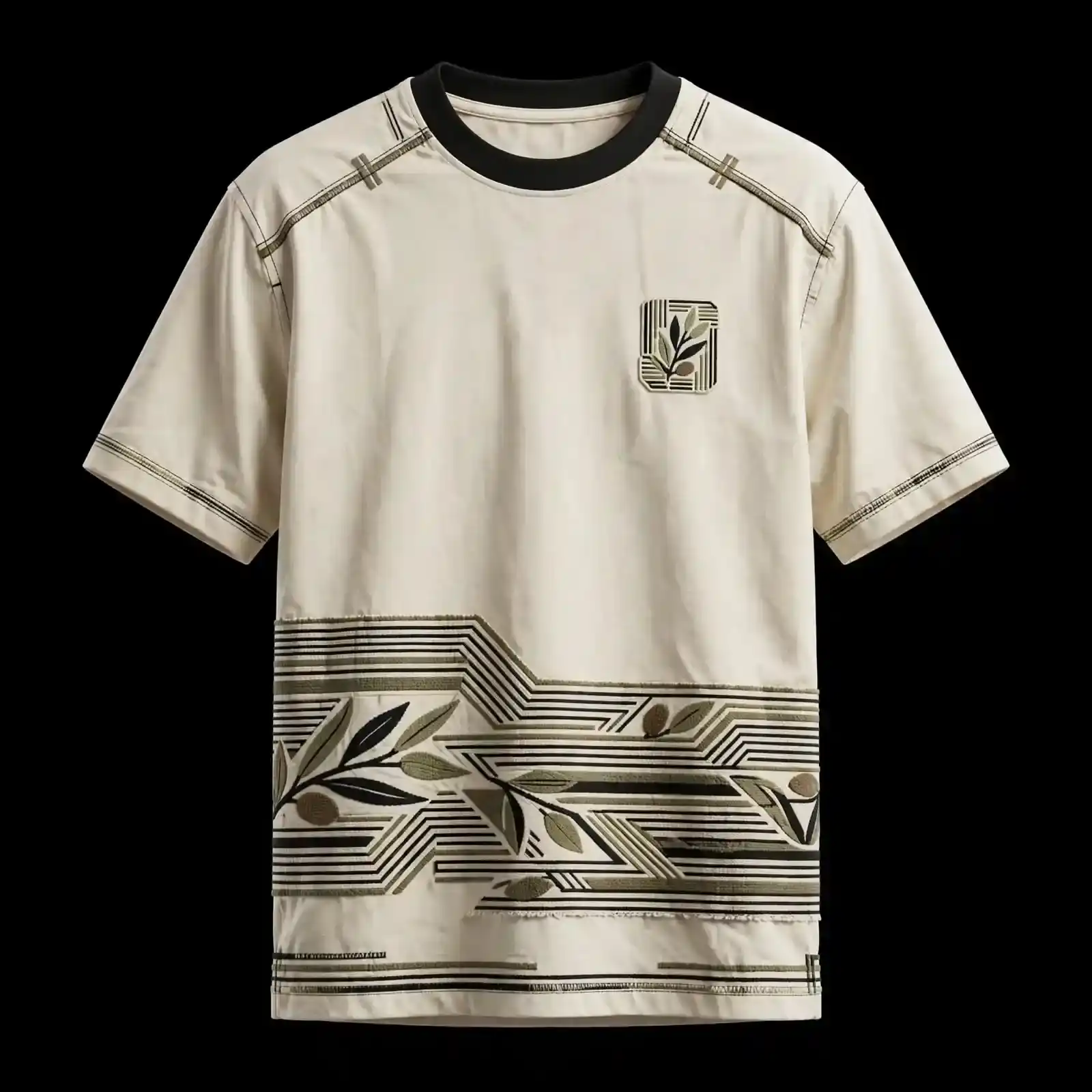 OLIVE BRANCH BAUHAUS STRIPE TEE - Cream Geometric Line Olive Branch Hem T-Shirt - Buy cream off-white Embroidered T-Shirt Men Online