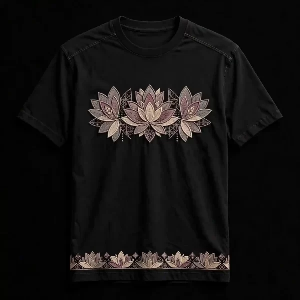 Men's Black Triple Lotus Mandala Embroidered T-Shirt
