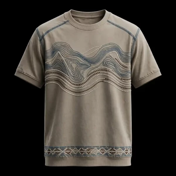 mens taupe mountain wave beaded embroidered tshirt topographic dotwork border tee
