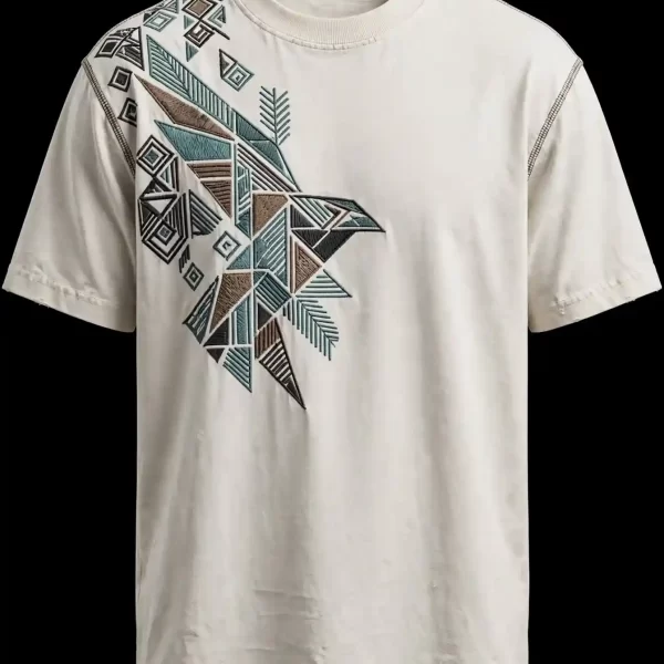 GEOMETRIC EAGLE ARROW EMBROIDERED TEE - Cream Blue Brown Tribal Eagle - Buy cream off-white Embroidered T-Shirt Men Online