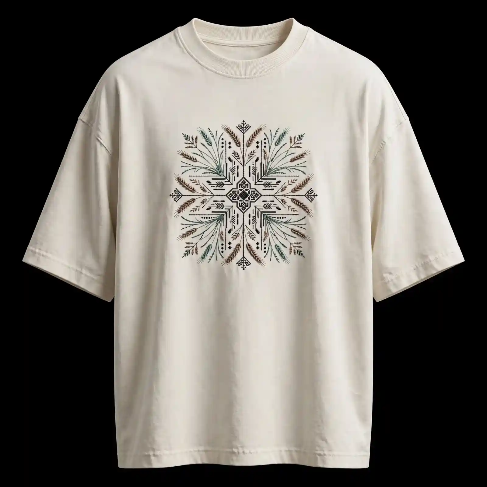 WHEAT SNOWFLAKE STARBURST EMBROIDERED TEE - Cream Wheat Prairie Folk Mandala - Buy cream off-white Embroidered T-Shirt Men Online
