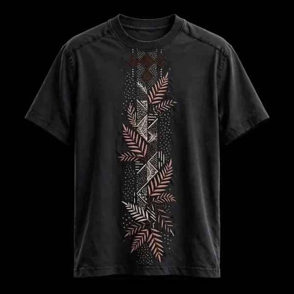 mens black botanical stripe column embroidered tshirt palm leaf vertical tee