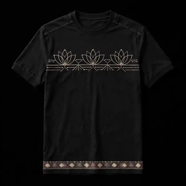 BLACK LOTUS DOTTED LINE EMBROIDERED TEE - Triple Lotus Beaded Stripe With Diamond Hem - Buy jet black Embroidered T-Shirt Men Online