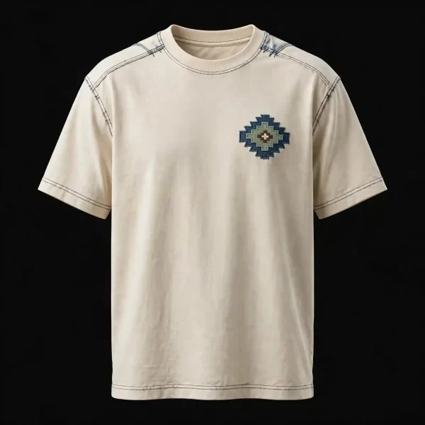 CREAM MINI AZTEC DIAMOND CREST TEE - Small Blue Sage Cross Stitch Diamond - Buy cream off-white Embroidered T-Shirt Men Online