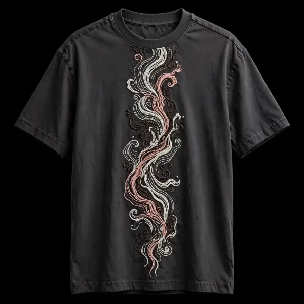 mens graphite black smoke wave column art nouveau scroll embroidered tshirt vertical tee