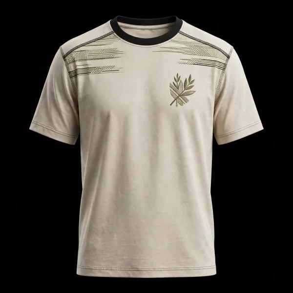 mens ecru crossed leaf minimal botanical shoulder stripe embroidered tshirt black rib tee