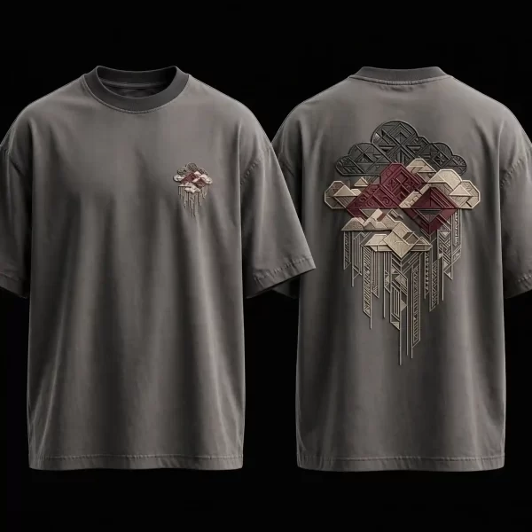 mens slate grey 3d mountain rain cloud layered applique front back tshirt