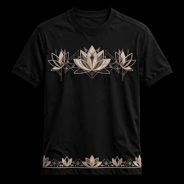 mens black triple lotus geometric mandala art deco embroidered tshirt hem border tee
