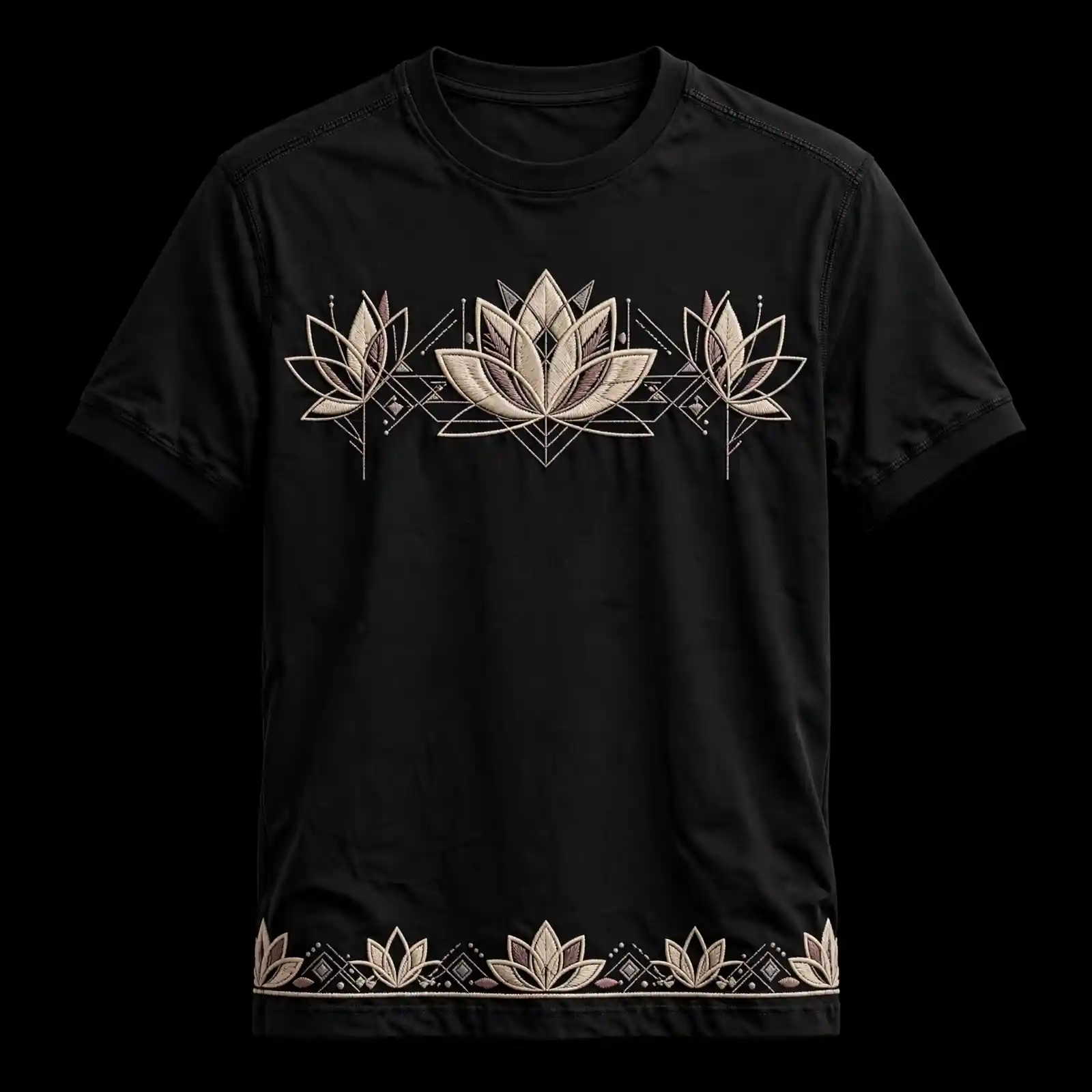 mens black triple lotus geometric mandala art deco embroidered tshirt hem border tee