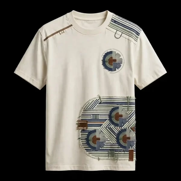 mens ecru tribal circle grid embroidered tshirt bauhaus patchwork tee