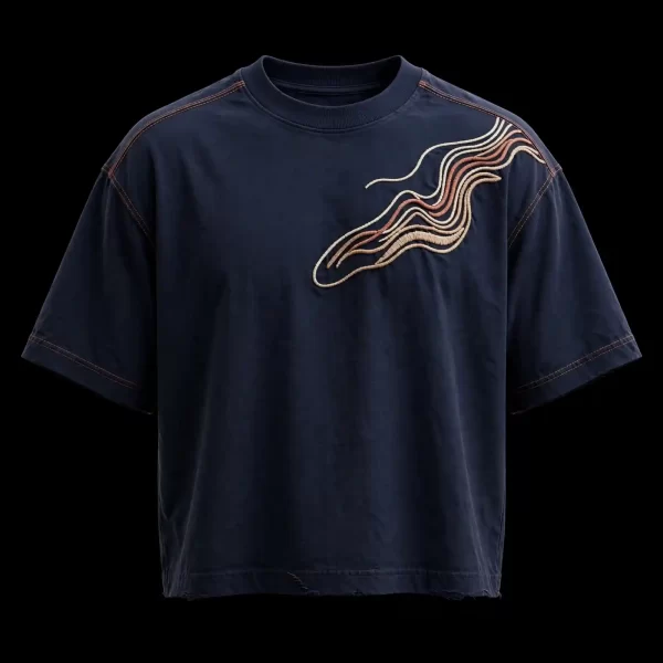 mens midnight navy wave shoulder rope wavy embroidered tshirt minimal wave stripe tee