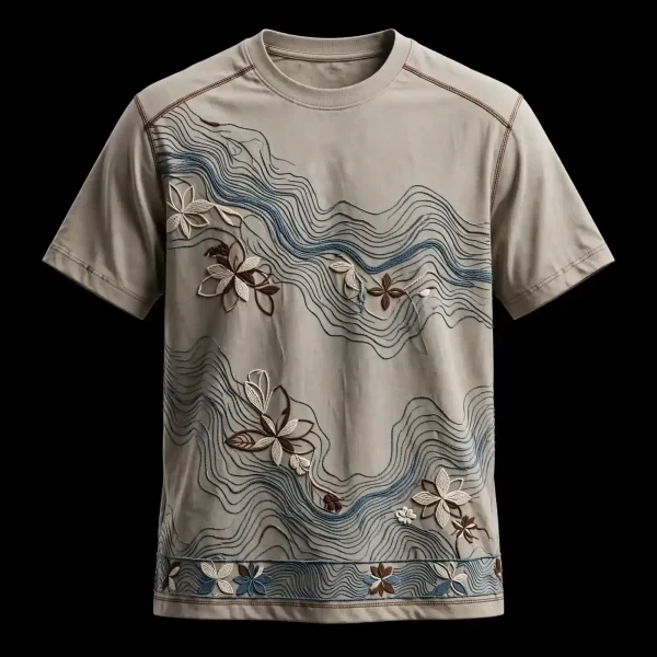 mens sand wavy river lotus 3d floral hem border embroidered tshirt