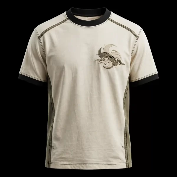 mens ecru minimal wave swirl left chest japanese wave side panel embroidered tshirt