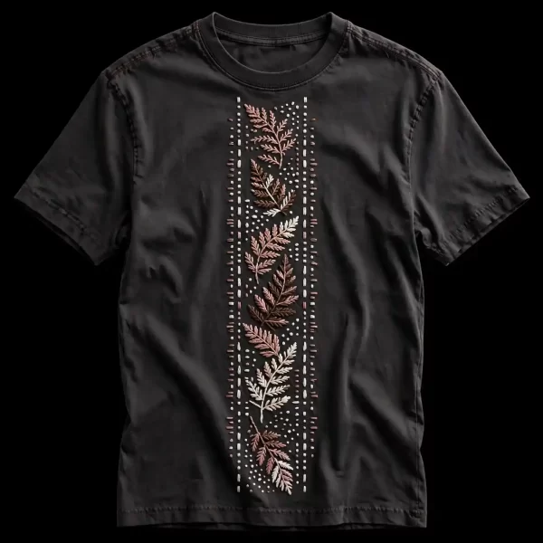 mens black vertical fern column beaded botanical embroidered tshirt