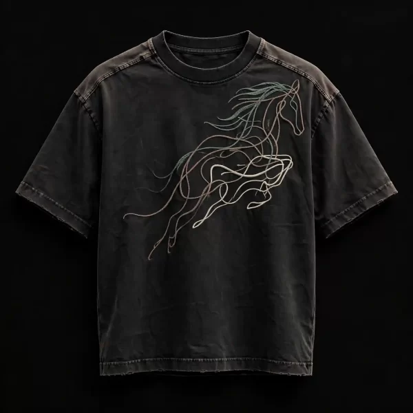 mens washed black continuous line horse rope outline galloping horse embroidered oversized tshirt