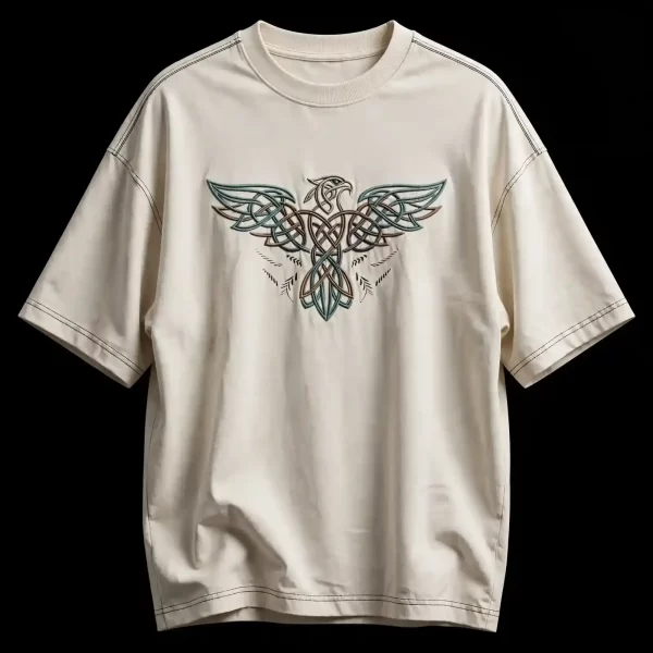 mens bone white celtic eagle knot interlaced knotwork embroidered oversized tshirt