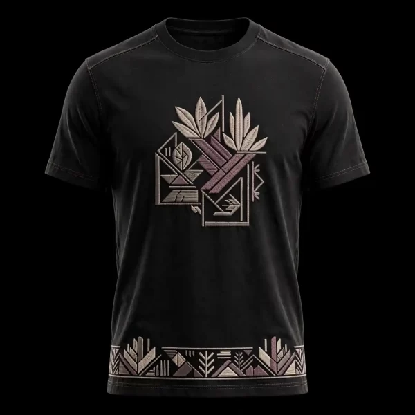 mens black geometric botanical bauhaus art deco leaf block embroidered tshirt hem border tee