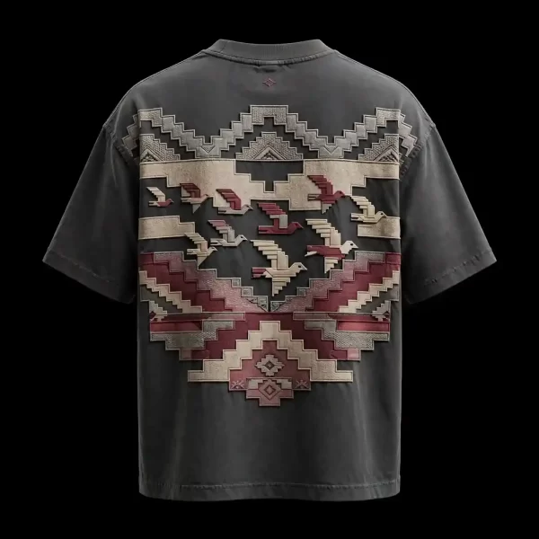 mens charcoal pixel bird tapestry embroidered tshirt folk art back print tee