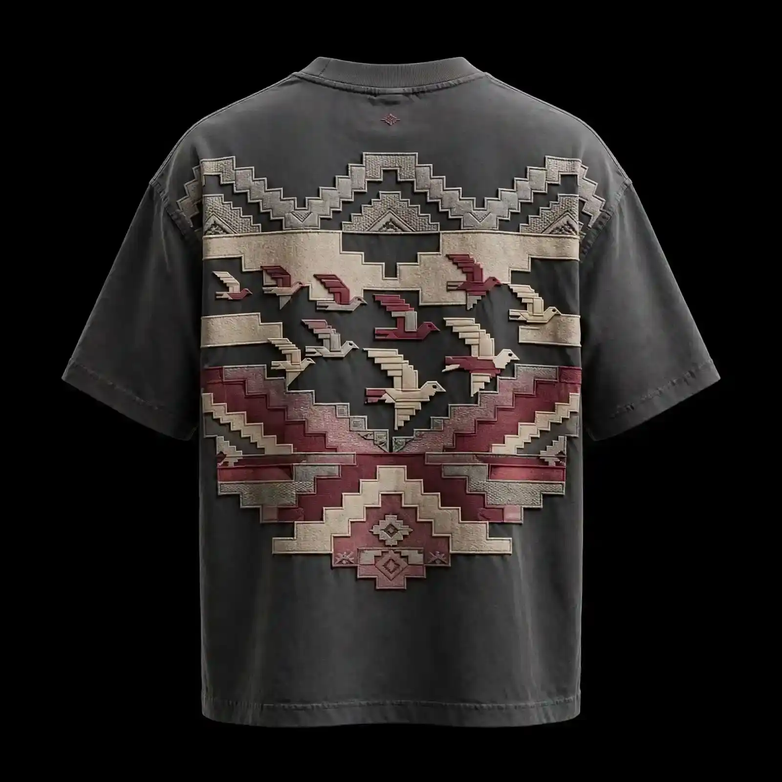 mens charcoal pixel bird tapestry embroidered tshirt folk art back print tee