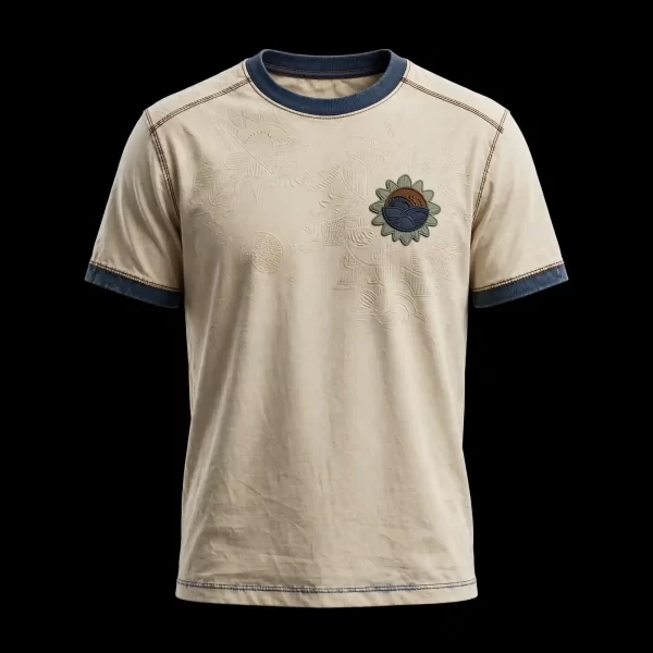 mens ecru sunburst landscape medallion puff sun allover embossed texture embroidered tshirt