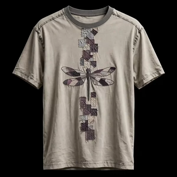 mens stone grey dragonfly patchwork column boro applique vertical embroidered tshirt