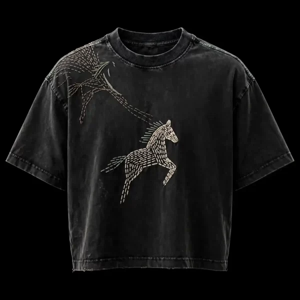 mens washed black pegasus horse dash stitch embroidered tshirt oversized