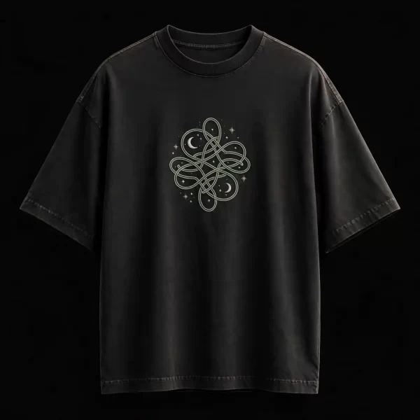 WASHED BLACK CELTIC KNOT MOON TEE - Rope Loop Knot With Moon Stars Embroidered - Buy washed black Embroidered T-Shirt Men Online
