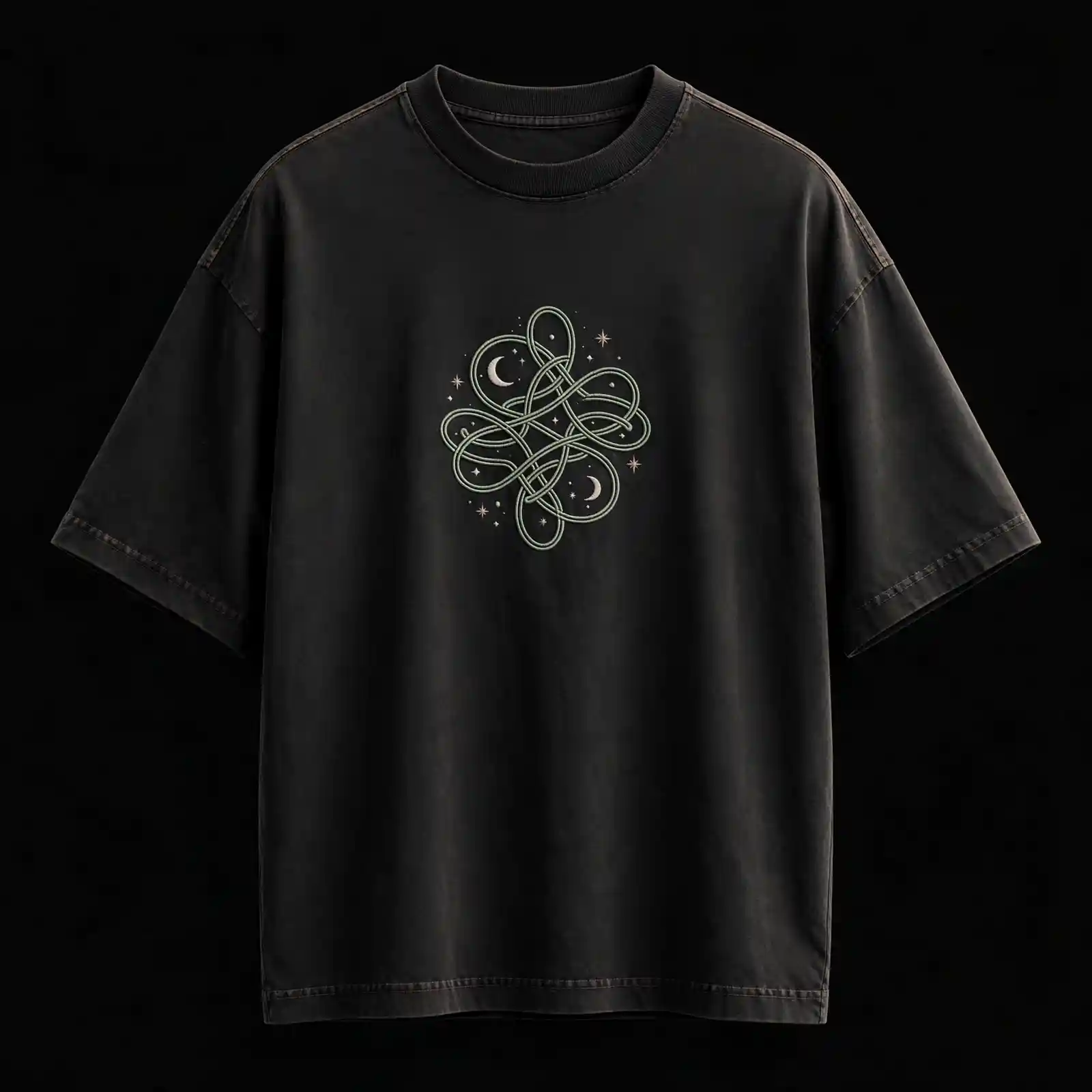 WASHED BLACK CELTIC KNOT MOON TEE - Rope Loop Knot With Moon Stars Embroidered - Buy washed black Embroidered T-Shirt Men Online