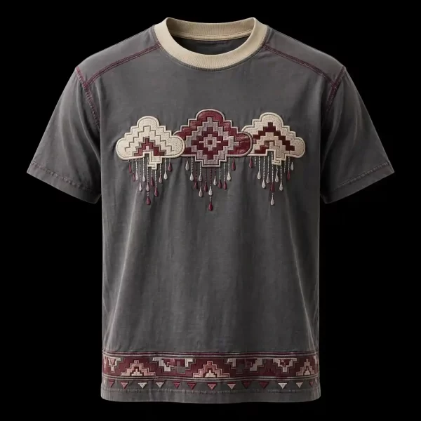 GREY TRIPLE CLOUD RAIN AZTEC TEE - Stepped Pyramid Cloud Drip With Border - Buy charcoal grey Embroidered T-Shirt Men Online