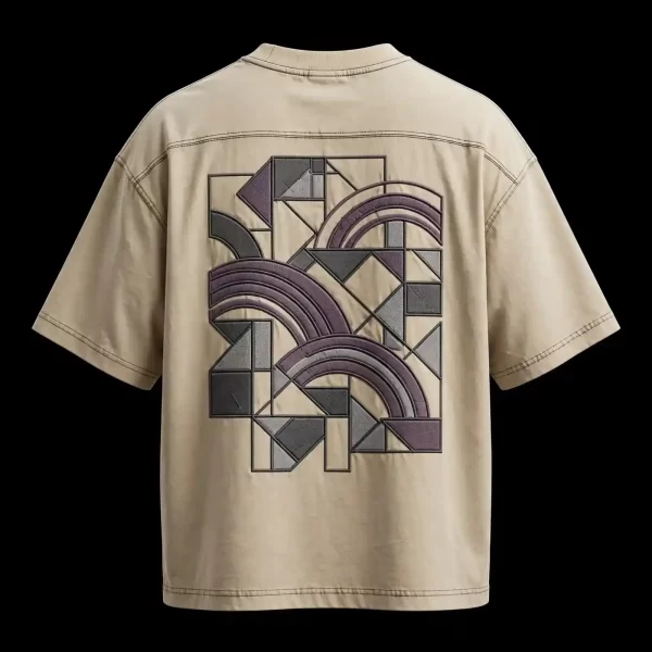 BEIGE ART DECO GEO RAINBOW BACK TEE - Purple Grey Arch Triangle Patchwork Back - Buy beige stone Embroidered T-Shirt Men Online