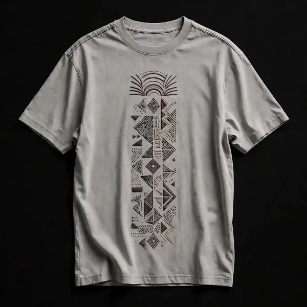Men's Grey Geometric Tribal Embroidered T-Shirt
