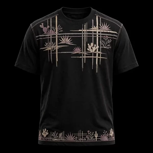 MIDNIGHT CACTUS GRID EMBROIDERED TEE - Desert Botanical Line Art T-Shirt - Buy black Embroidered T-Shirt Men Online
