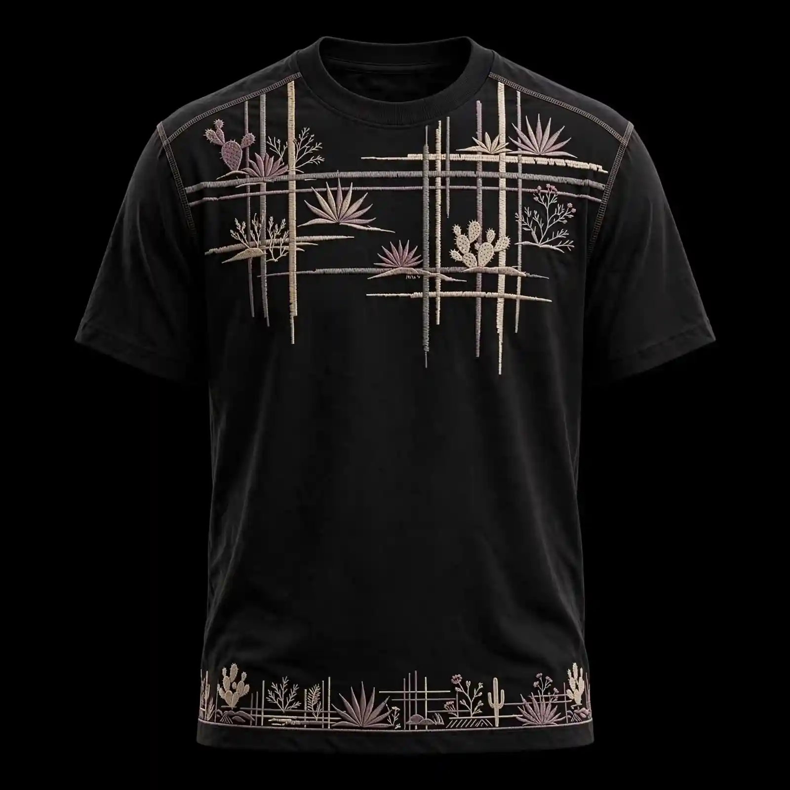 MIDNIGHT CACTUS GRID EMBROIDERED TEE - Desert Botanical Line Art T-Shirt - Buy black Embroidered T-Shirt Men Online