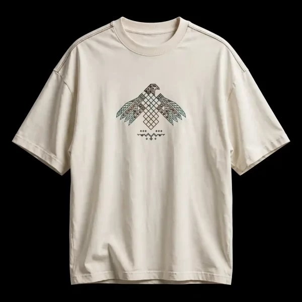CREAM EAGLE TOTEM EMBROIDERED TEE - Geometric Falcon Tribal T-Shirt - Buy cream off-white Embroidered T-Shirt Men Online