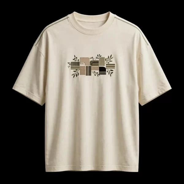 IVORY BAUHAUS OLIVE BRANCH TEE - Geometric Olive Leaf Embroidered Tee - Buy ivory Embroidered T-Shirt Men Online